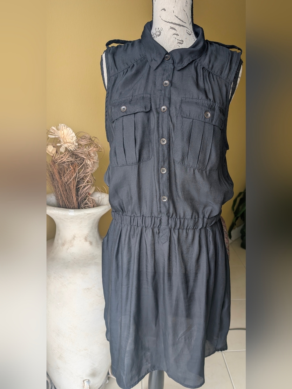 Mossimo Sleeveless Button-Front Waist-Elastic Black Shirt Dress Size Large